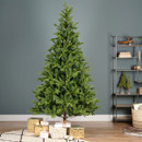 Tall artificial Christmas tree displayed with wrapped presents, featuring a traditional full shape and realistic evergreen branches for festive home décor.