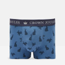 Men's blue boxer briefs featuring a playful hare print and a navy Crown Joules waistband.