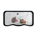 Sunshade featuring two illustrated hedgehogs with red apples, surrounded by wavy lines on a white background. A bee hovers above, creating a playful scene.