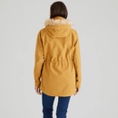 Back view of ochre yellow hooded jacket with adjustable waist, worn with blue jeans.