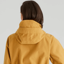 Close-up rear view of ochre yellow jacket showing structured hood and high collar.