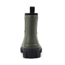 A rear view of the olive Lazy Dogz wellington with a chunky, black sole and a black pull tab.