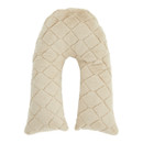 Beige quilted fabric body cushion in a v-shape on a white background.