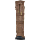 Brown knee-high boot with ties and horizontal straps, white background.