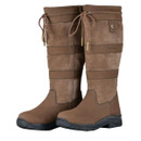 A pair of brown, knee-high, lace-up river boots on a white background.