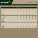 Dublin River Boots IV size chart displaying Slim, Regular, and Wide fit options, with UK and EU sizes, shoe height, top calf, and ankle circumference measurements in centimetres.