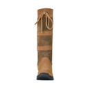 Brown suede knee-high boot with a lace-up detail at the top and a black sole.