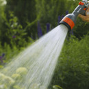 Hand holding a hose with water spraying out in a garden.