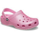 Pink glittery clog-style shoe with ventilation holes and an adjustable heel strap, conveying a playful and comfortable feel. Keywords: clog, shiny, footwear.