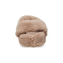 The back of a light brown, faux fur clog style slipper from Crocs with a pivoting strap and brown lining.