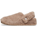 A side view of a light brown, faux fur clog style slipper from Crocs with a pivoting strap against a white background.