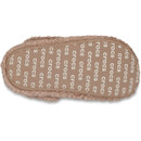 The sole of the slippers with Crocs logo printed in a repeating pattern to cover it.