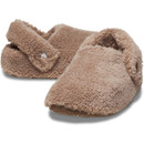 A pair of light brown, faux fur clog style slippers with pivoting straps.