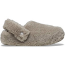 A fuzzy, beige slipper with a soft, textured, sherpa-like material and a strap across the ankle. The cosy design conveys warmth and comfort.