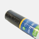 Close-up of a roll of black anti-weed fabric with a blue and yellow label on a white background.