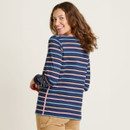 A woman from behind wearing a striped long sleeve top.