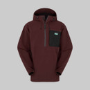 Maroon hooded pullover jacket with a front zipper and a black chest pocket featuring a logo patch. The design appears warm and functional.