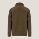Olive green pullover viewed from the back with collar and elbow patches.