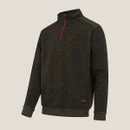 Men's dark green heathered fleece pullover with red zipper detail and logo on hem.