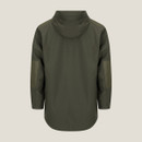 Olive green smock with high collar and elbow patches displayed facing away.