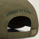 Olive green baseball cap with embroidered text and adjustable metal clasp.