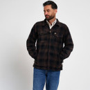 Man modelling a dark checked fleece overshirt and blue jeans, standing with hands in pockets against a light grey background.
