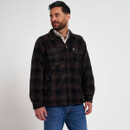 Man wearing a dark checked fleece overshirt with chest pockets and blue jeans, shown from a three-quarter angle.
