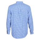 Blue checkered long-sleeve shirt shown from the back, featuring a pattern of small squares and buttons on the cuffs, conveying a casual, comfortable style.