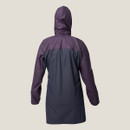 A dark purple and grey raincoat with a hood shown from the back. The coat is knee-length, with long sleeves, conveying a practical and weather-resistant design.