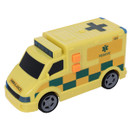 A yellow toy ambulance against a white background.