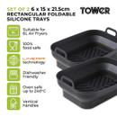 Two black rectangular foldable silicone trays with product details and icons.
