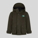 Olive green jacket with hood and button-up front on white background.