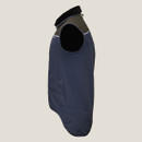 Side view of a navy-blue  vest with black collar and armholes. The vest includes a front pocket and smooth, sleek design.