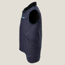 Side view of a dark blue sleeveless vest with a high collar and two front pockets, conveying a utilitarian and stylish design.