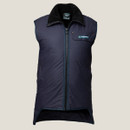 A navy blue sleeveless insulated vest with a high collar, featuring a front zip. The vest contrasts with a black inner lining, conveying warmth.