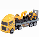 A yellow and grey JCB transporter vehicle with an excavator and a wheel loader, which are sat upon the loading ramp.