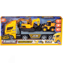 A yellow and grey JCB transporter vehicle in its packaging against a white background.