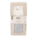 A boxed pair of knitted grey booties