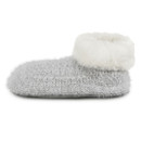 A side view of a knitted grey bootie with faux fur lining