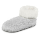 A side view of a knitted grey bootie with faux fur lining
