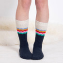 Someone wearing a navy pair of socks with stripes at the top.