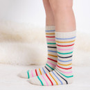 Someone wearing a pair of multicoloured stripy socks.