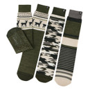 A pair of green socks with a stag design, one camo socks and one stripe sock.