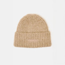 Front view of a cream woolly hat on a grey background
