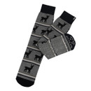 A pair of grey slipper socks with stags on them.