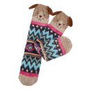 A pair of multicoloured stripe slipper socks with a dog design with 3D ears.