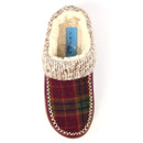 A top down view of a burgundy checked mule slipper with a knitted collar and fur lining.