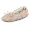 The side of a pink knit ballet slipper with a bow on the front.
