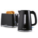 A black toaster with bread and a matching electric kettle, both branded Salter.