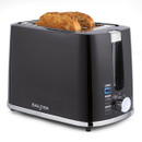 Black Salter toaster with slice of bread, featuring cancel, reheat and defrost buttons.